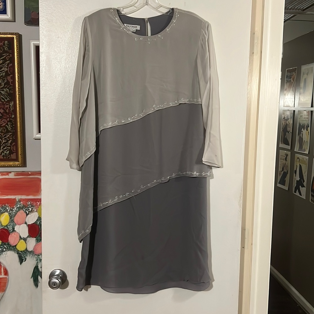 Kay Unger shades of gray 100% silk beaded tiered dress. Long sheet sleeves